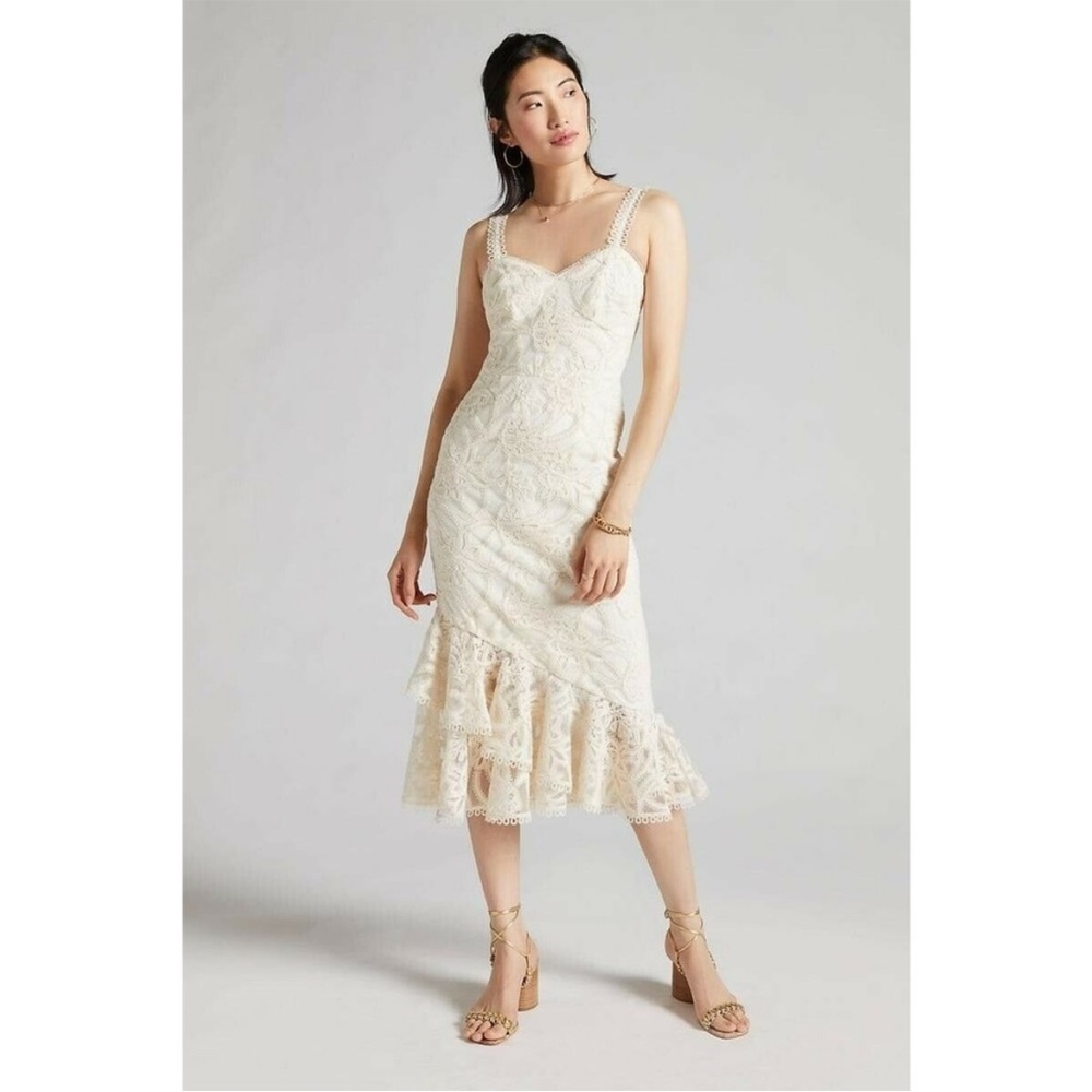 ML Monique Lhuiller Embroidered Mesh lace Fit-&-Flare Midi Dress
